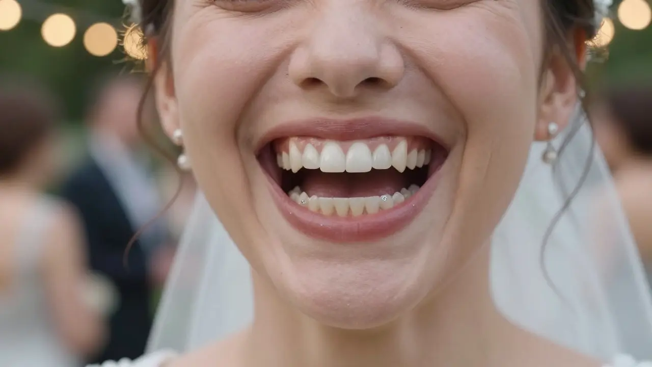 Žena se směje na svatbě s neviditelnými nasazovacími zuby, které jsou pevně přichyceny magnetickým systémem.