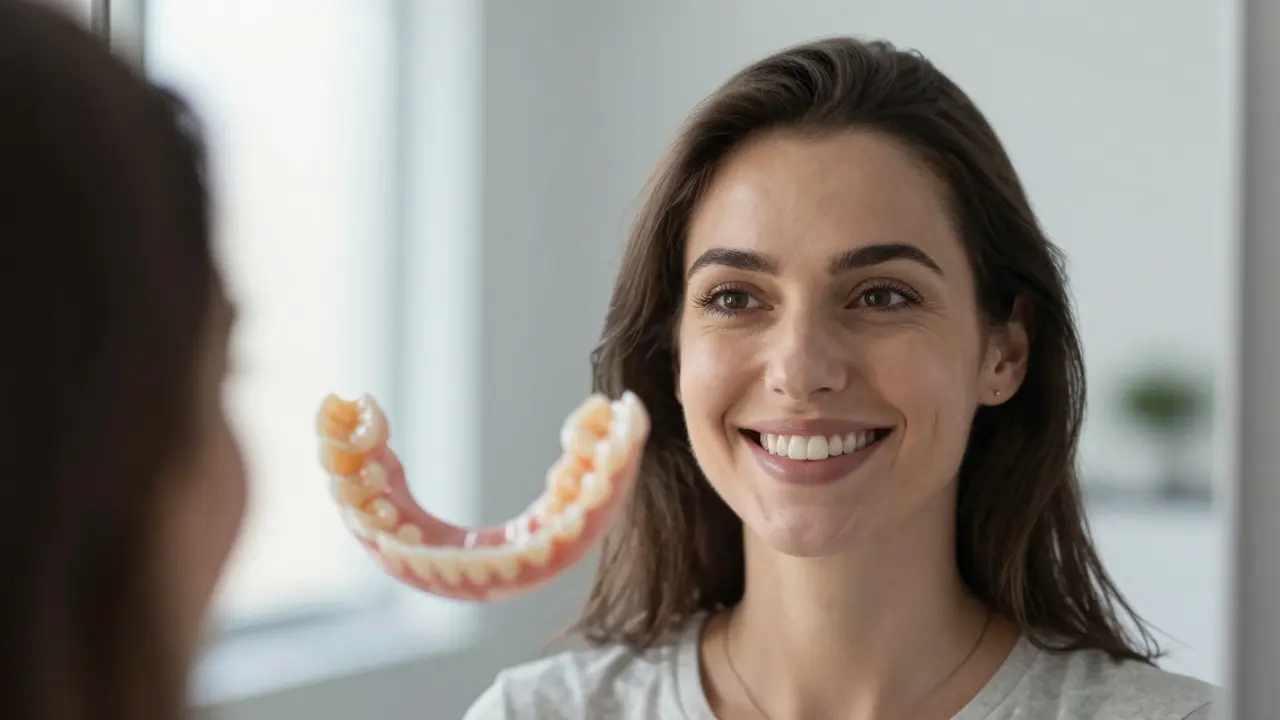 Žena se usmívá do zrcadla s novou, přirozeně vypadající zubní protézou.