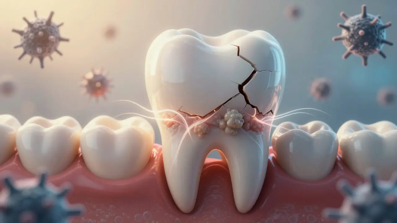 Zub s poškozenou sklovinou, kde kyselina z bakterií ničí strukturu zevnitř.