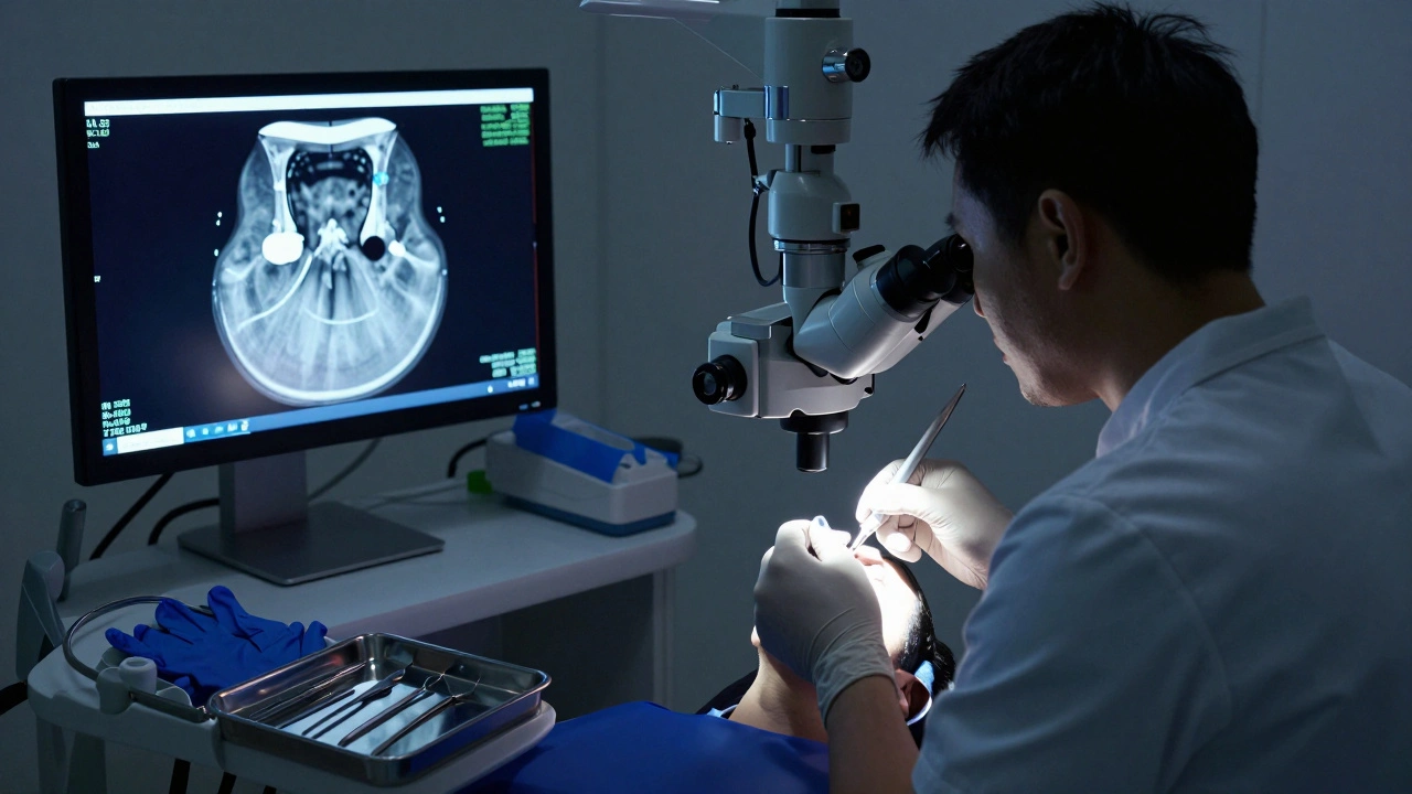 Zubař používá mikroskop k léčbě pulpity předního zubu v klinice s 3D rentgenem na pozadí.