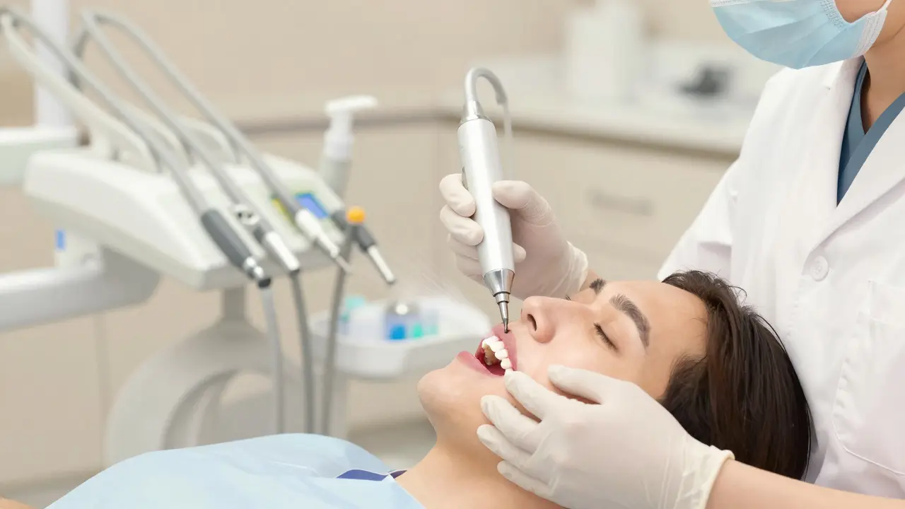 Zubní hygienička odstraňuje kámen ultrazvukovým nástrojem.