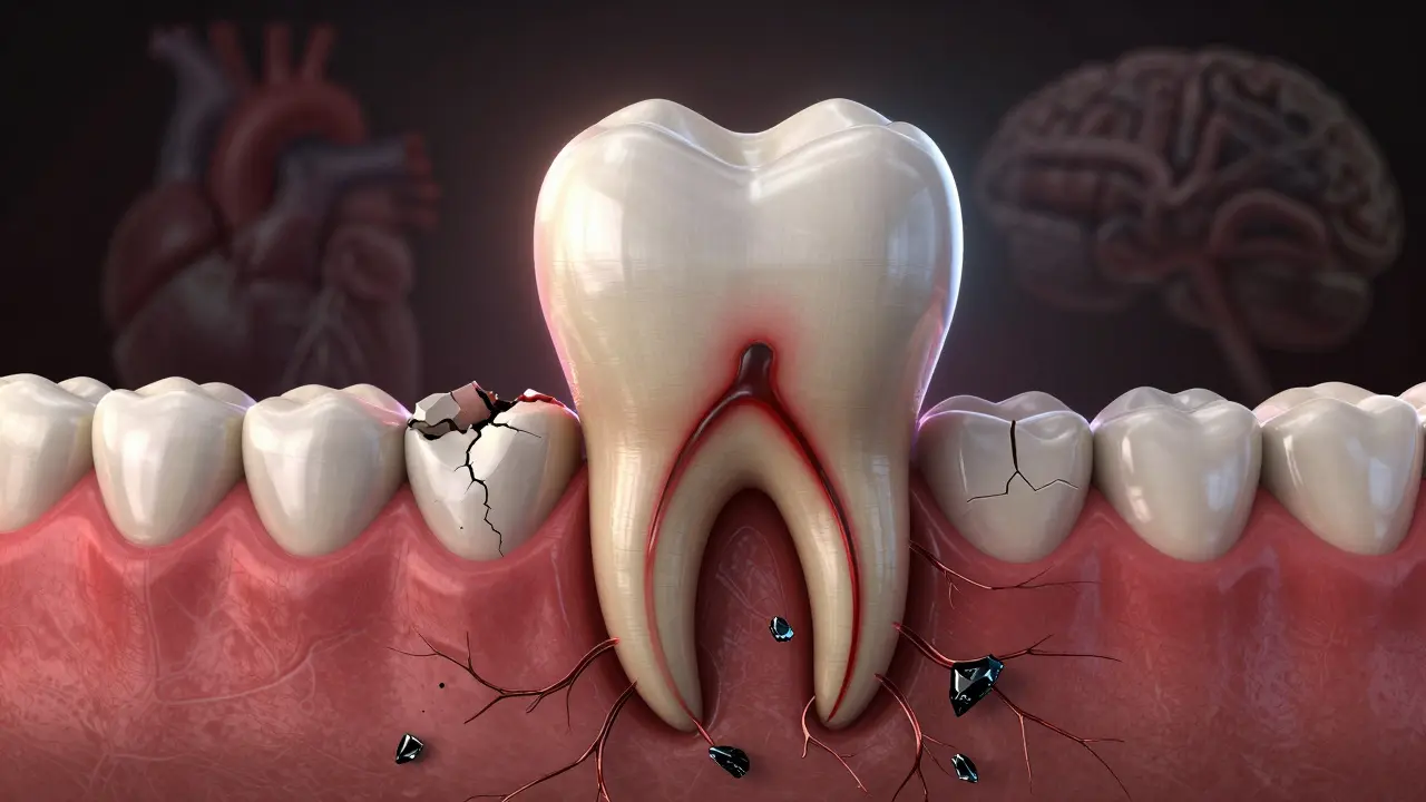 Zubní kořen s ničenou kostí a tmavými nánosy pod dásní.