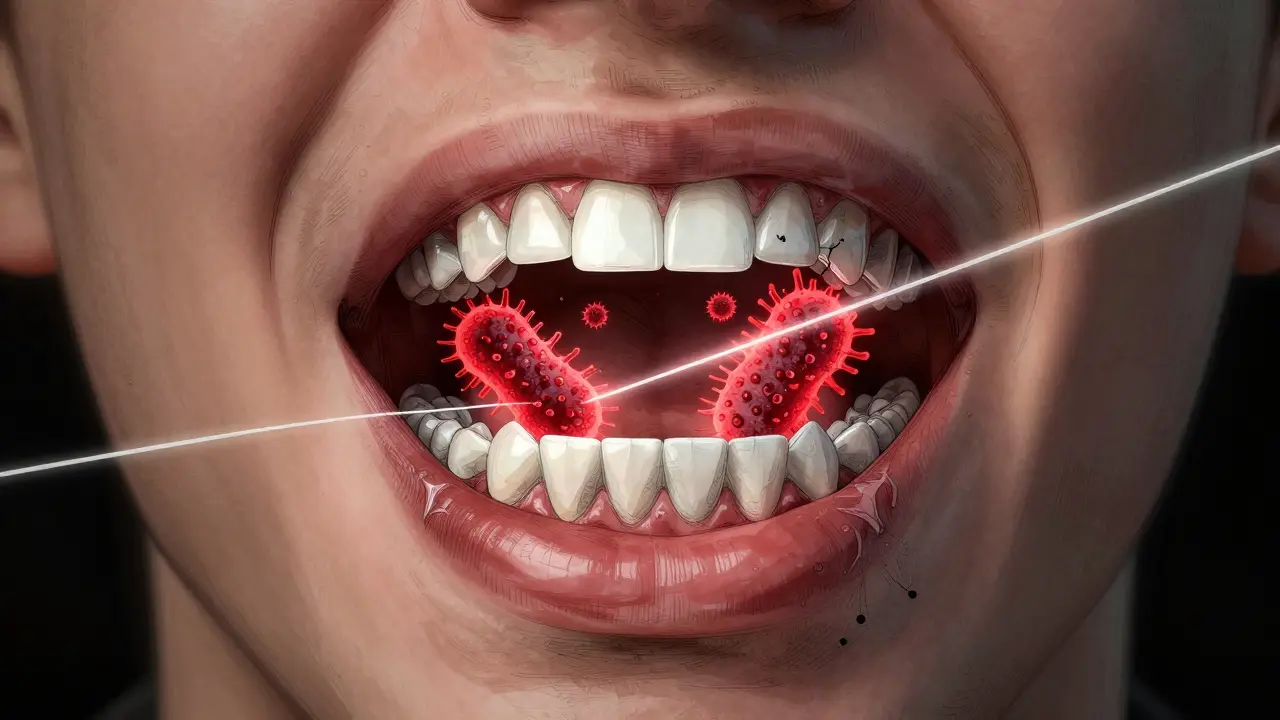 Zubní nit proniká bakteriemi mezi zuby, symbolizující prevenci zánětů dásní.