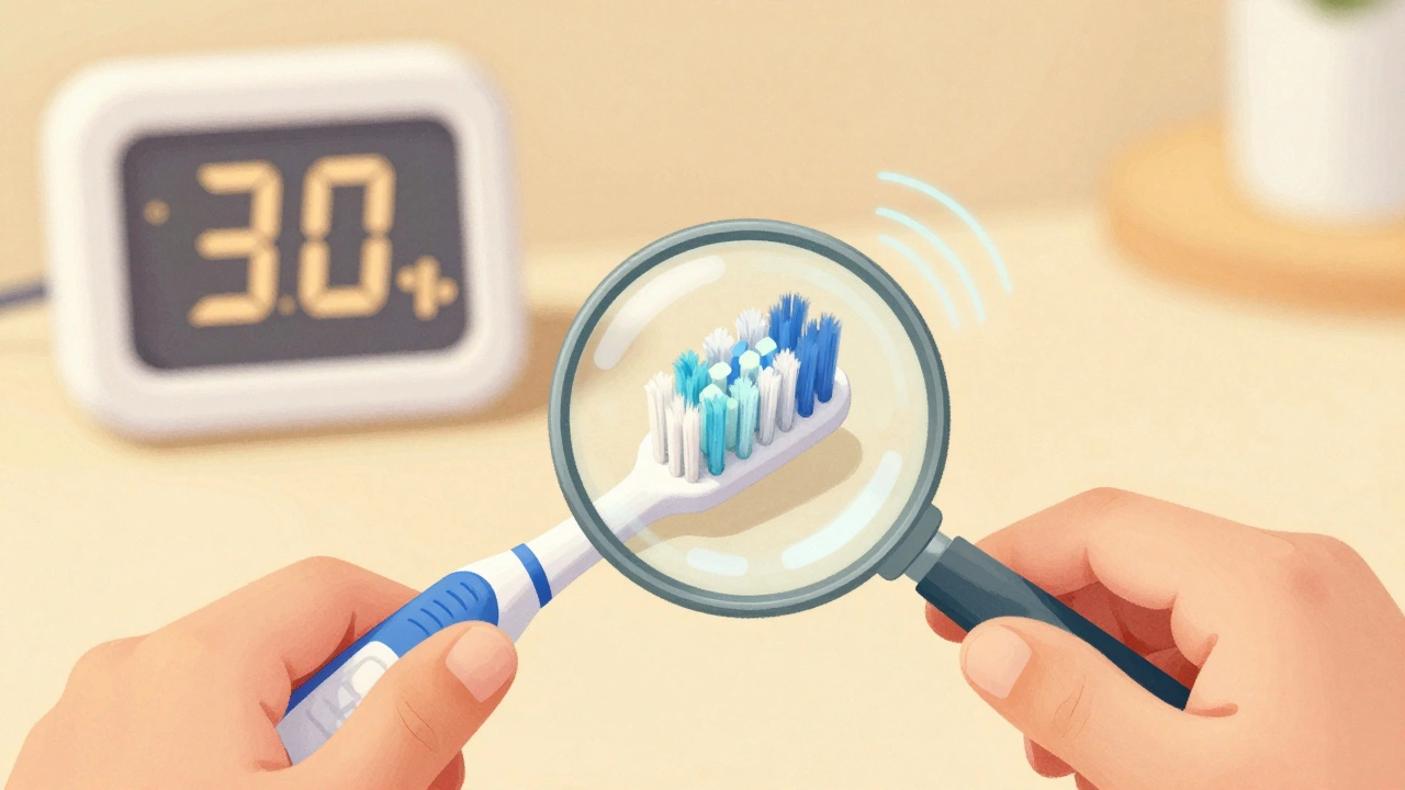 Zvětšený pohled na jemné štětiny zubního kartáčku na dětských zubech a dásních, jemné vibrace.