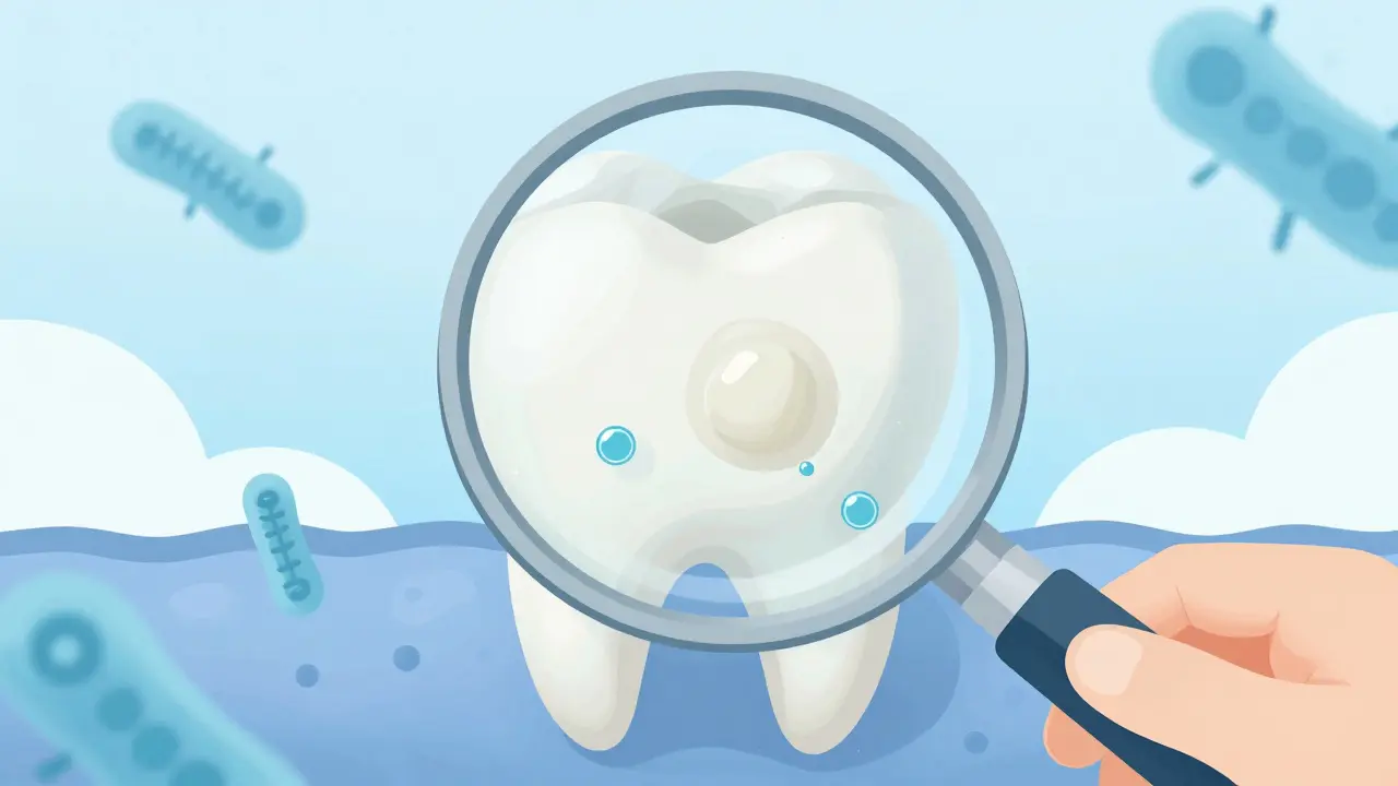 Zvětšený pohled na zub s počínajícím kazem, fluorid znovu zpevňuje sklovinku.