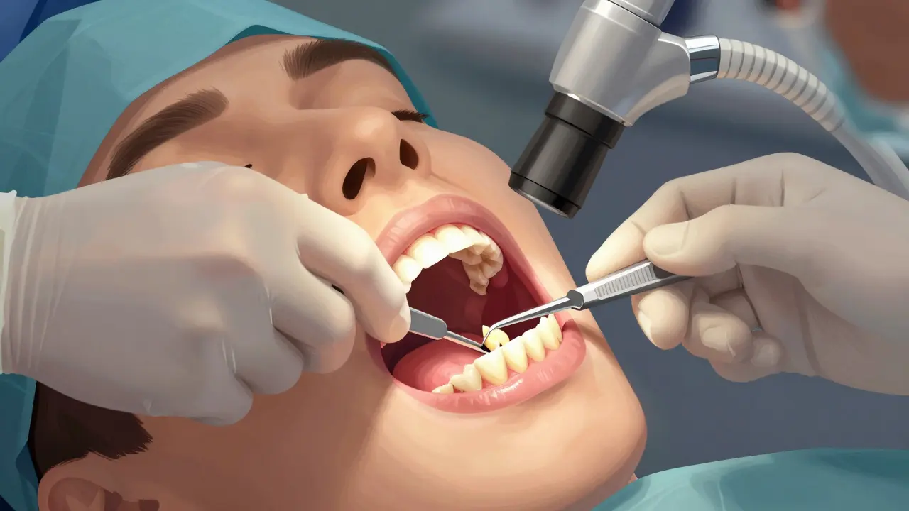 Chirurgické trhání změťového zubu s řezem v dásni a odstraňováním části kosti.