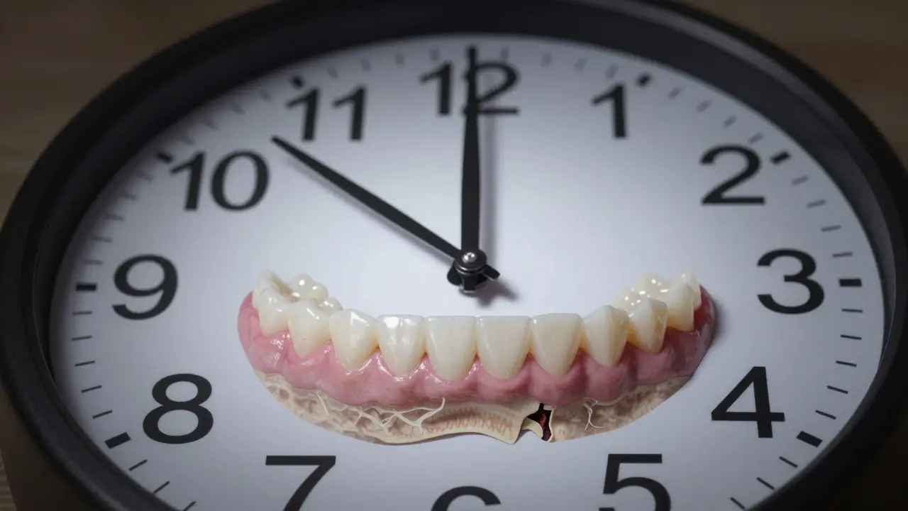 Clock with teeth as numbers illustrating consequences of neglecting dental care over time.