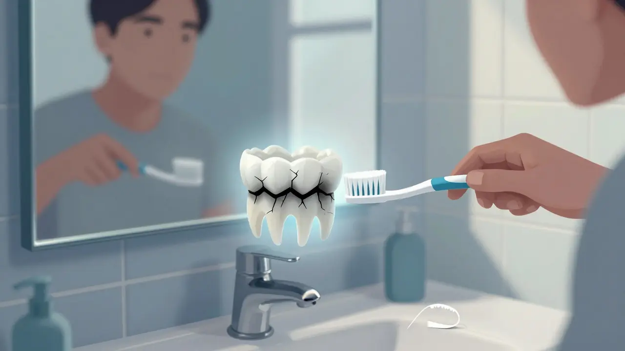 Člověk čistí zuby, ale skrytá kazová poškození mezi zuby jsou vidět jako stíny.