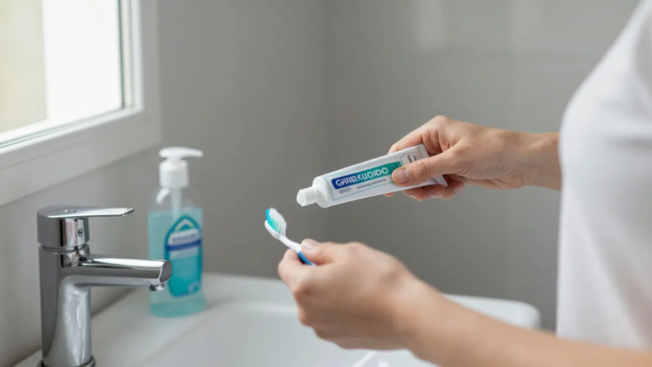 Člověk čistí zuby fluoridovou pastou s interdontálním kartáčkem na pozadí.