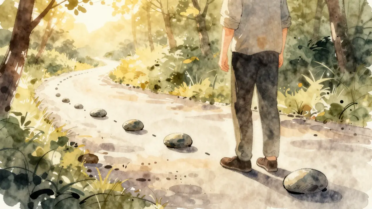 Člověk kladá kameny s mezerami na cestě, symbolizující vědomé pauzy v řeči.