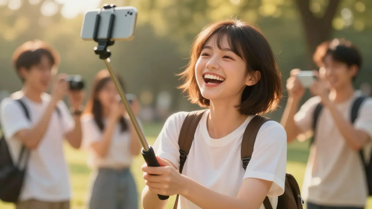 Člověk se směje při selfie v parku, jeho zuby jsou jasně bílé a září v slunečním světle.