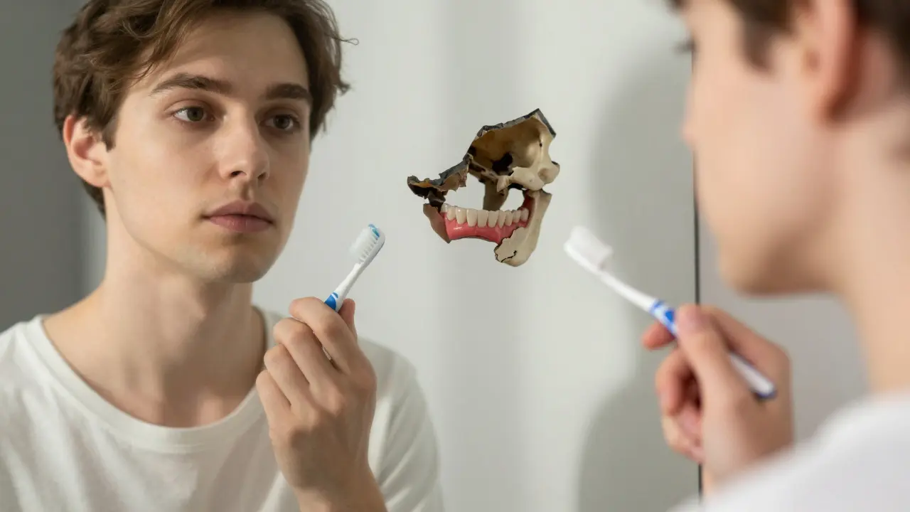 Člověk v zrcadle: zdravé zuby v předním zrcadle, ztráta kosti a zubů v odrazu pozadí.