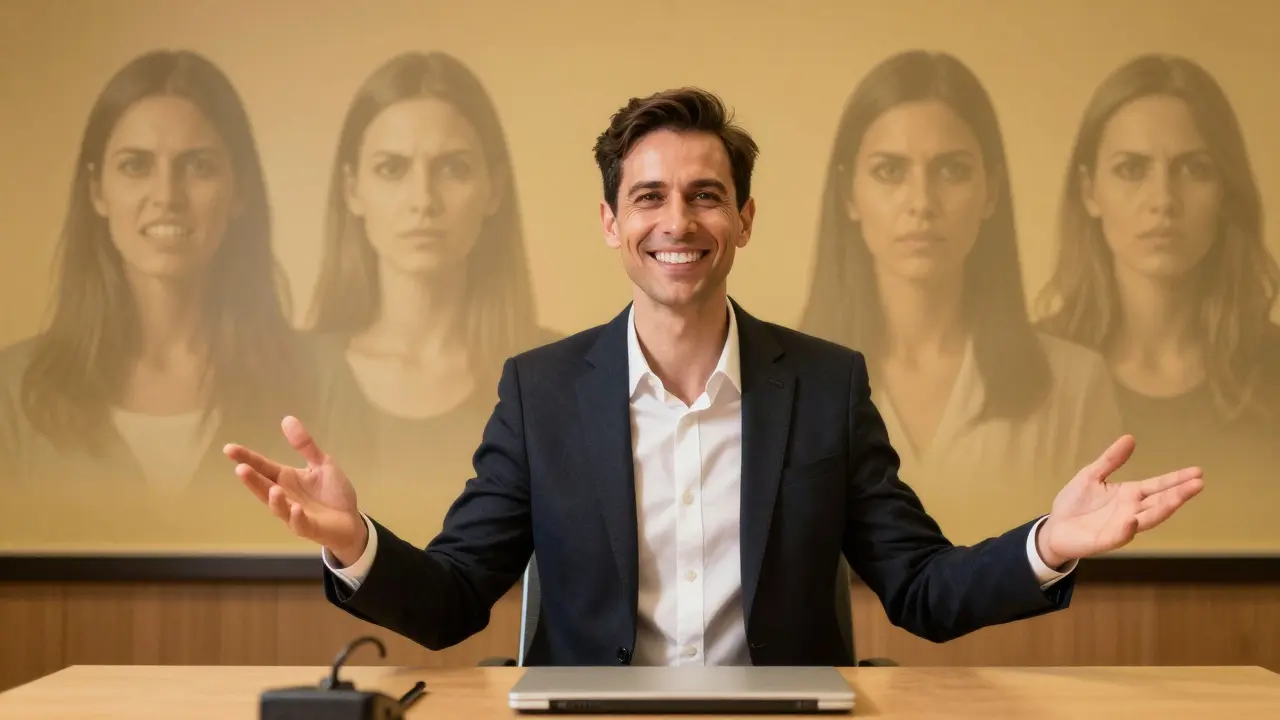 Confident adult smiling at meeting, past struggles faintly visible behind them.