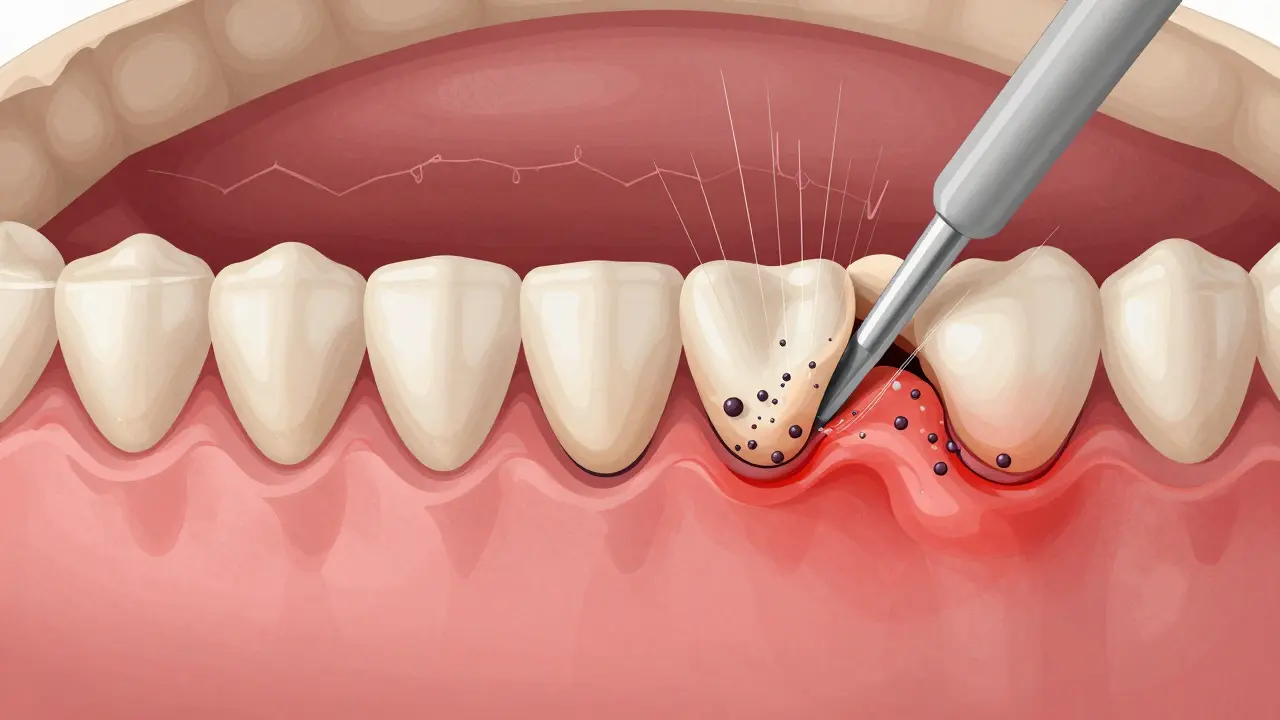 Cross-section of gum showing tartar buildup and bacteria in periodontal pockets with inflammation.