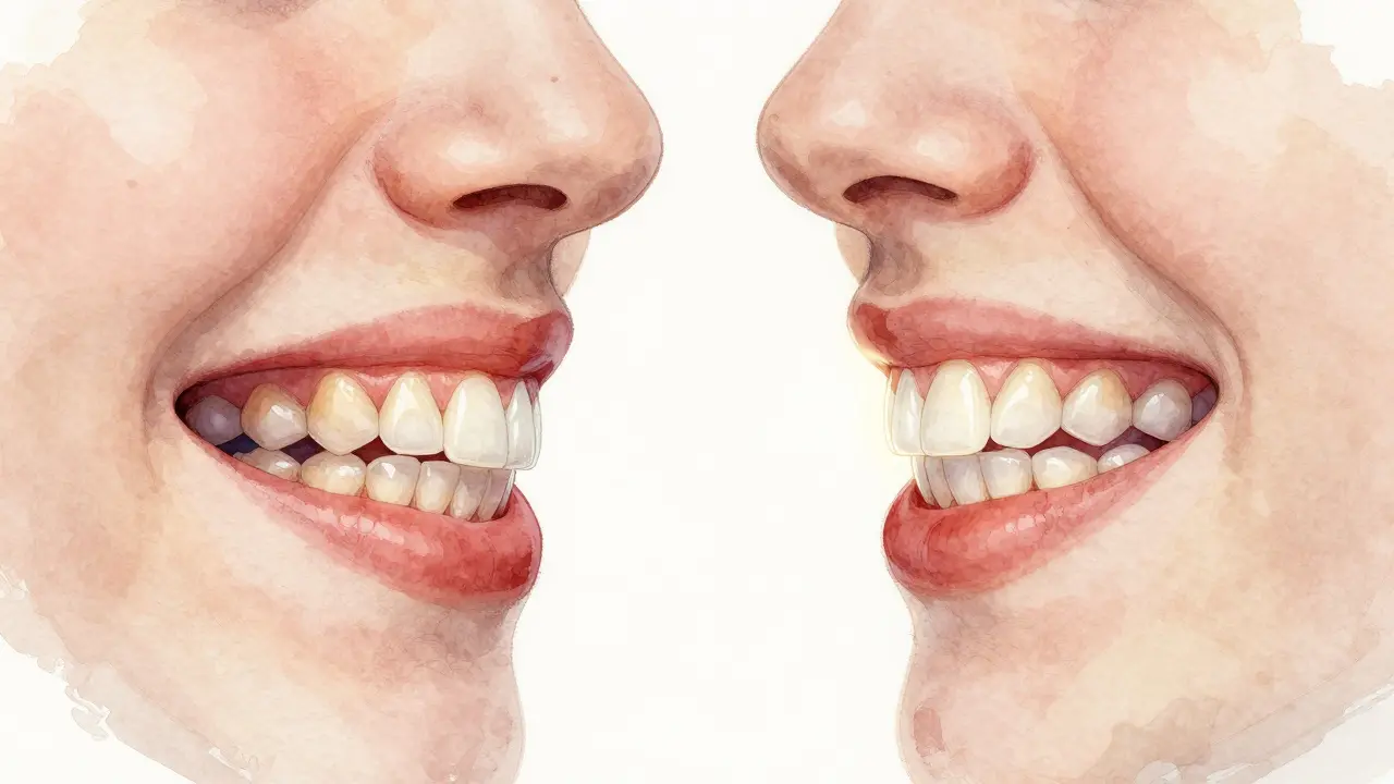 Dva portréty zubů: křivé přirozené zuby a stejné zuby po aplikaci faset.