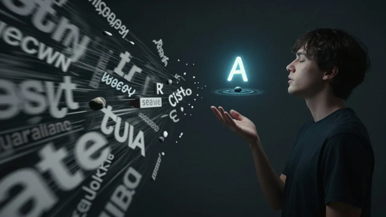 Dvě scény: chaotická řeč vs. klidná pauza s jedním vykresleným slovem ve vzduchu.