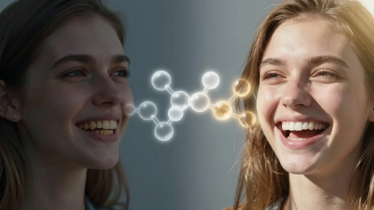 Dvojí portrét: jedna strana s tmavými zuby a neurčitým výrazem, druhá s jasnými zuby a radostným úsměvem.