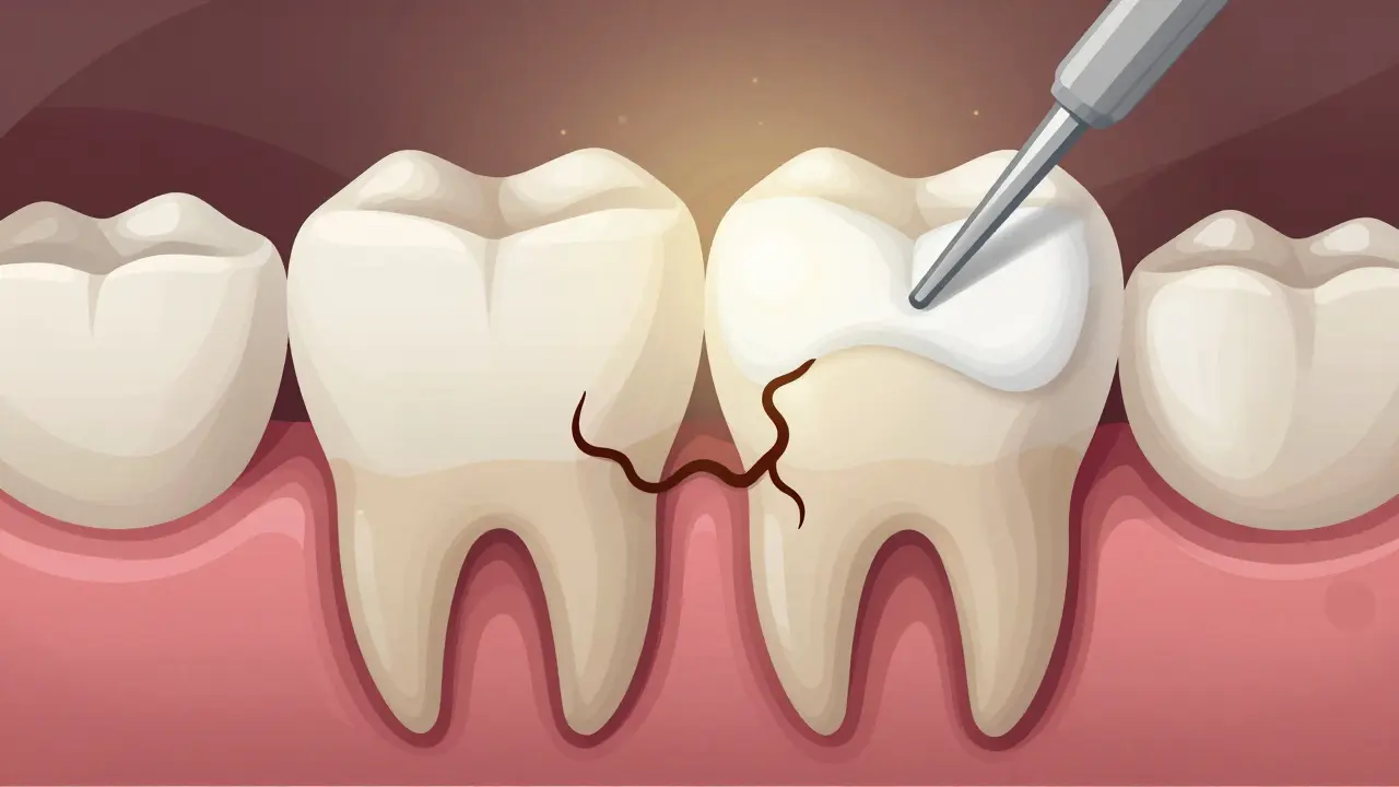 Hidden cavity spreading inside a tooth, countered by fluoride treatment.