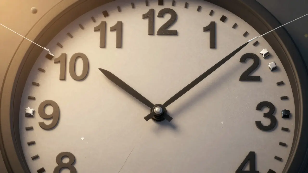 Hodiny s zuby jako číslicemi, floss jako ručičky, symbolizující čas a kaz.