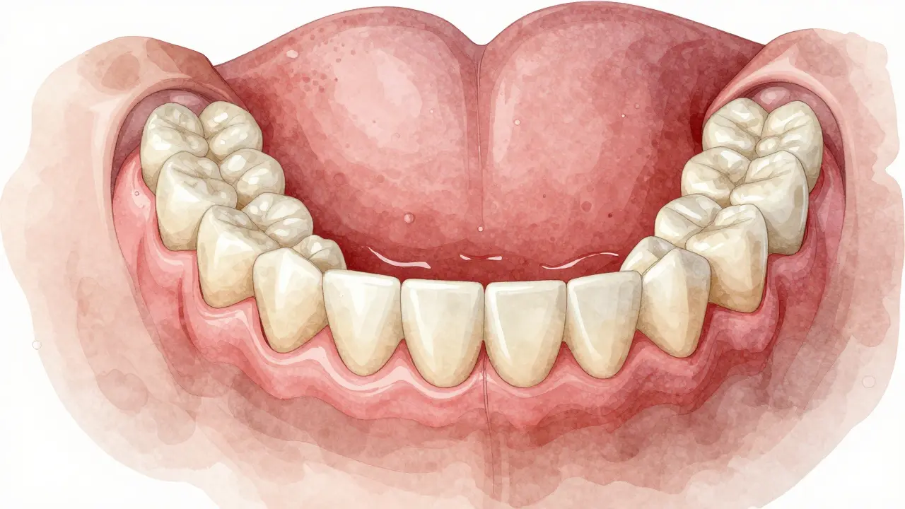 Ilustrace čelisti s částečnou protézou a sálavou tkání, zobrazující přilnavost slin.