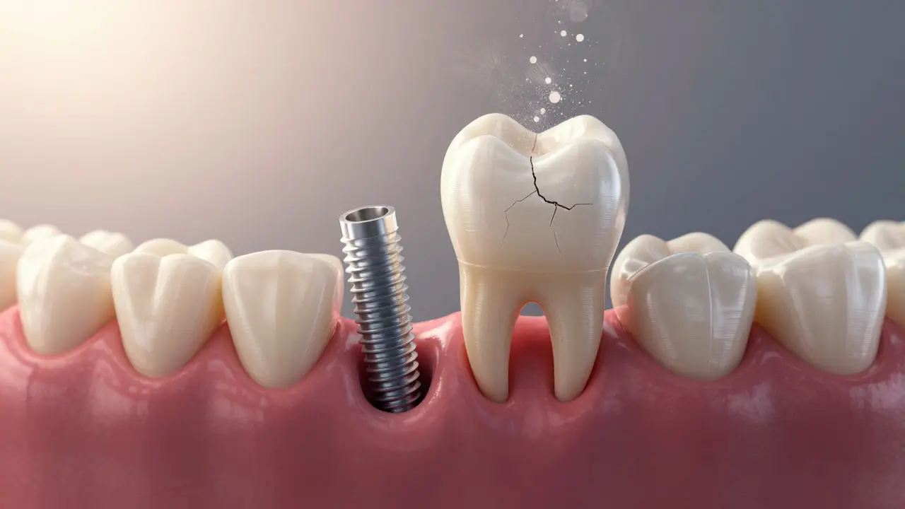 Implantát v čelisti s korunkou, zatímco starý poškozený zub mizí.