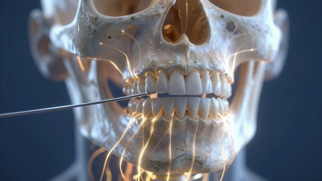 Konceptuální obrázek čelisti s zlatými vlákny táhnoucími zuby zpět, zatímco fixace je zadržuje.