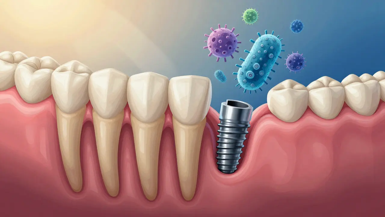 Kontrast mezi zdravým implantátem v kosti a zánětem s rozpadající se kostí kolem implantátu.