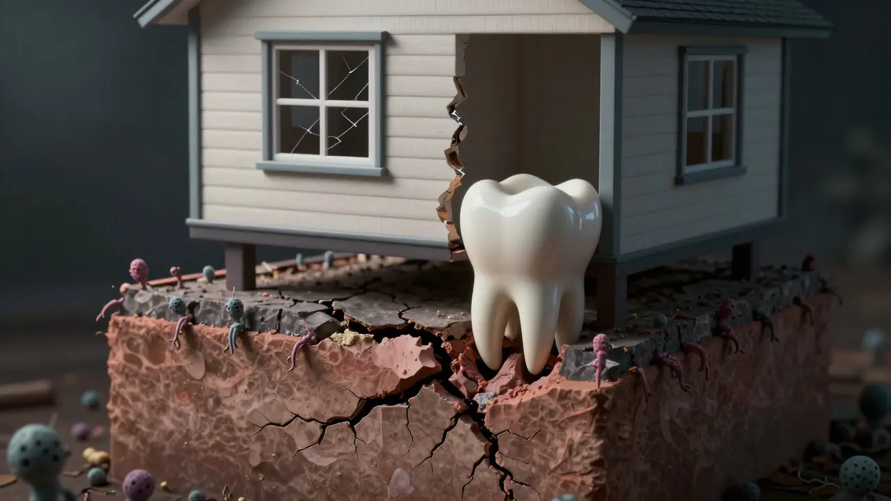 Metafora ztráty zubu: domov s rozpadajícími se základy jako kost.