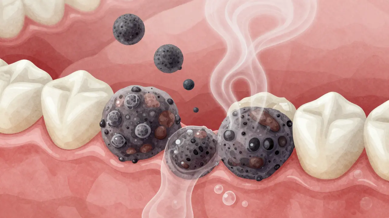 Mikroskopický pohled na agresivní zubní plak a snížený výtok slin během menopauzy.