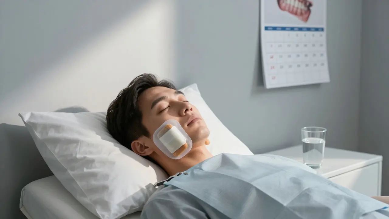 Pacient spí s dvěma polštáři, teplý obklad na tváři, kalendář ukazuje průběh hojení.