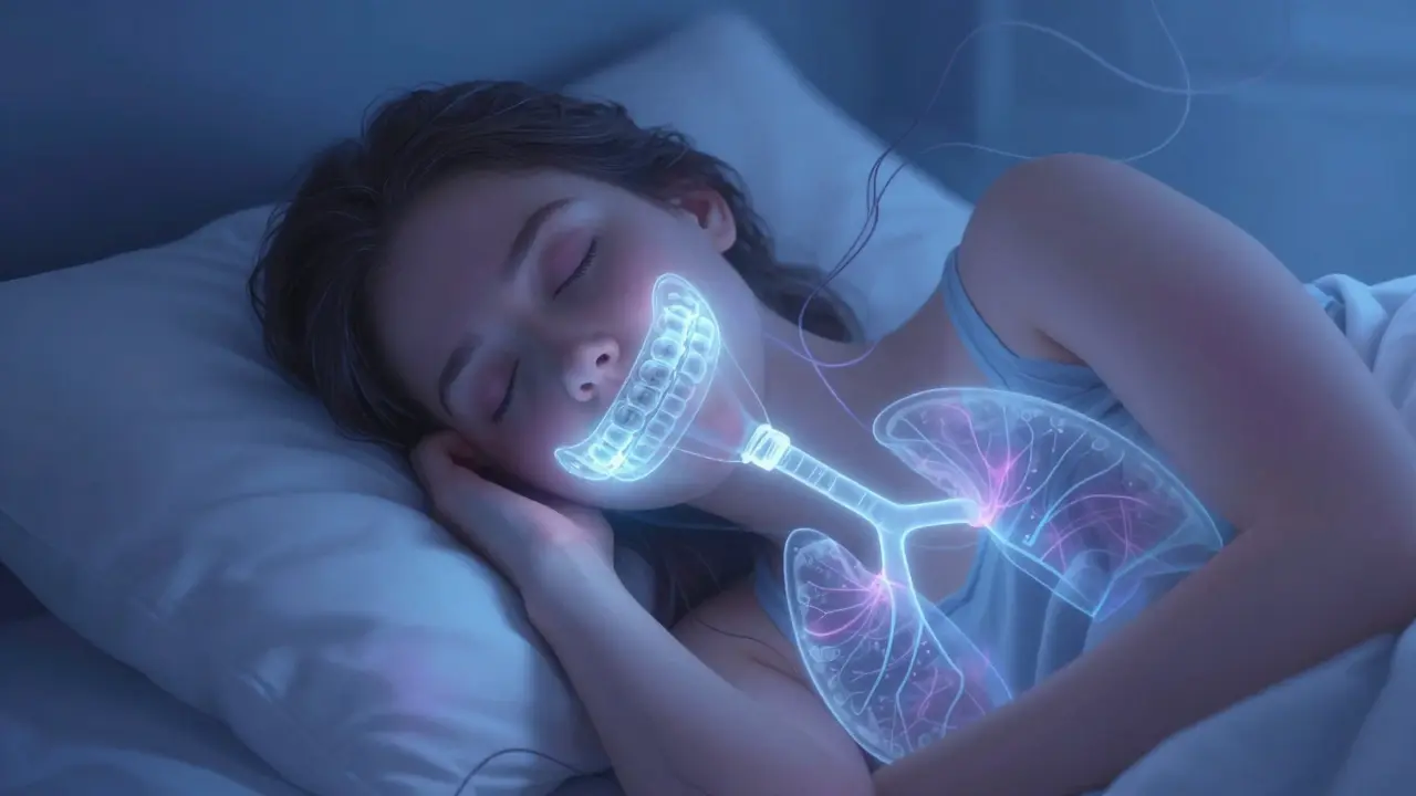 Person sleeping with transparent dental appliance, air pathways glowing softly.