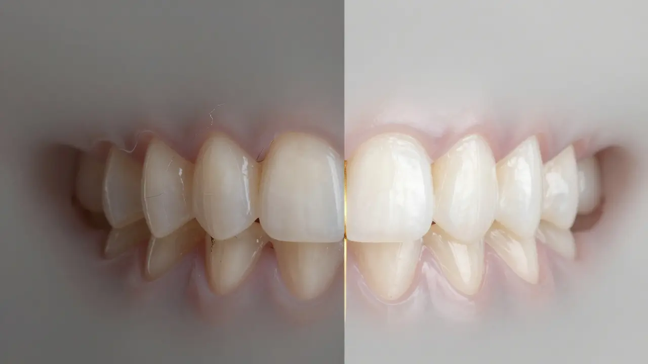 Před a po: zuby s nečistotami a mezerami naproti dokonalým, lesklým fazetám, symbolizující transformaci úsměvu.