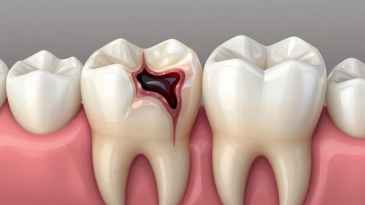 Přehled poškozeného zubu a dokonale přizpůsobené keramické korunky.
