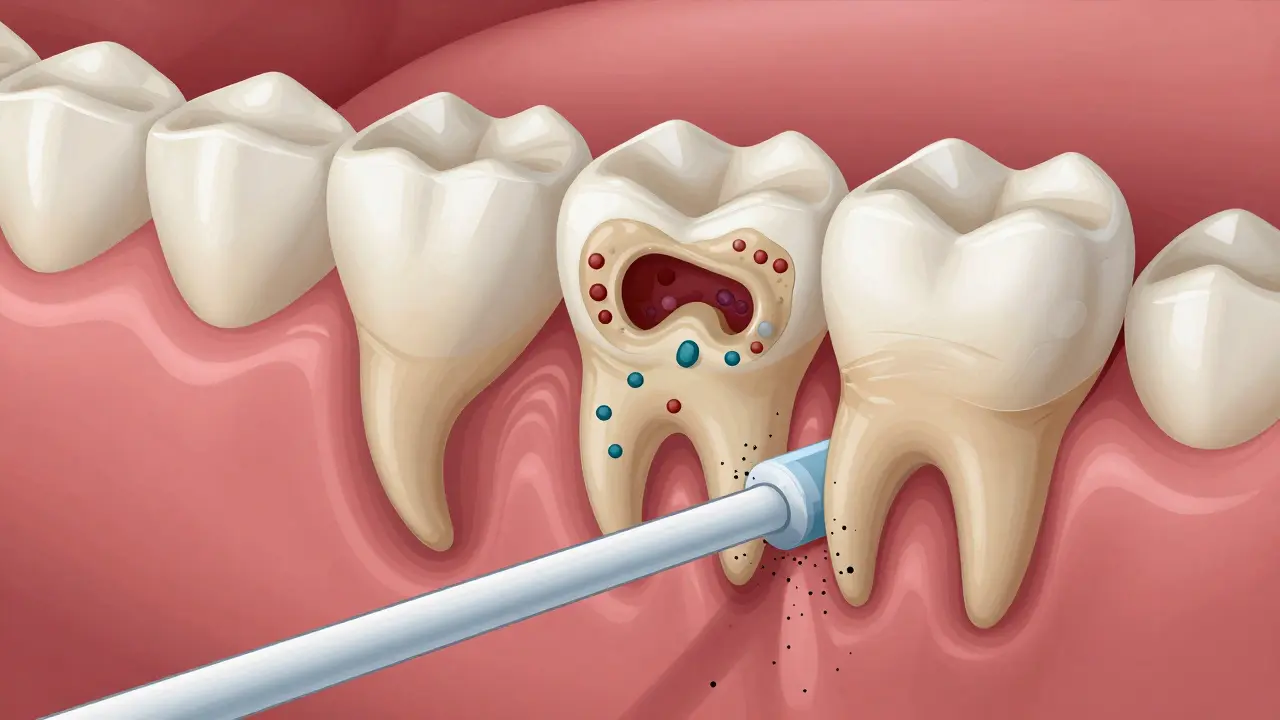 Příčný řez můstkem s plakem pod mostem a rozpadajícím se zubem.