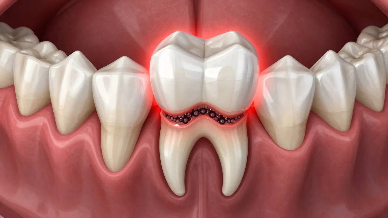 Průřez čelistí s rozpadající se kostí pod dásní a bakteriálním znečištěním.