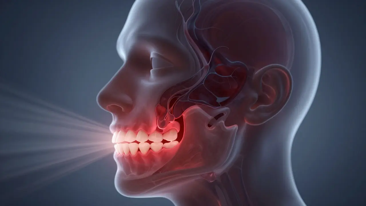 Průřez hlavy ukazující infikované zuby a zánětlivé sinuse s proudem tlaku směřujícím k uchu a oči.