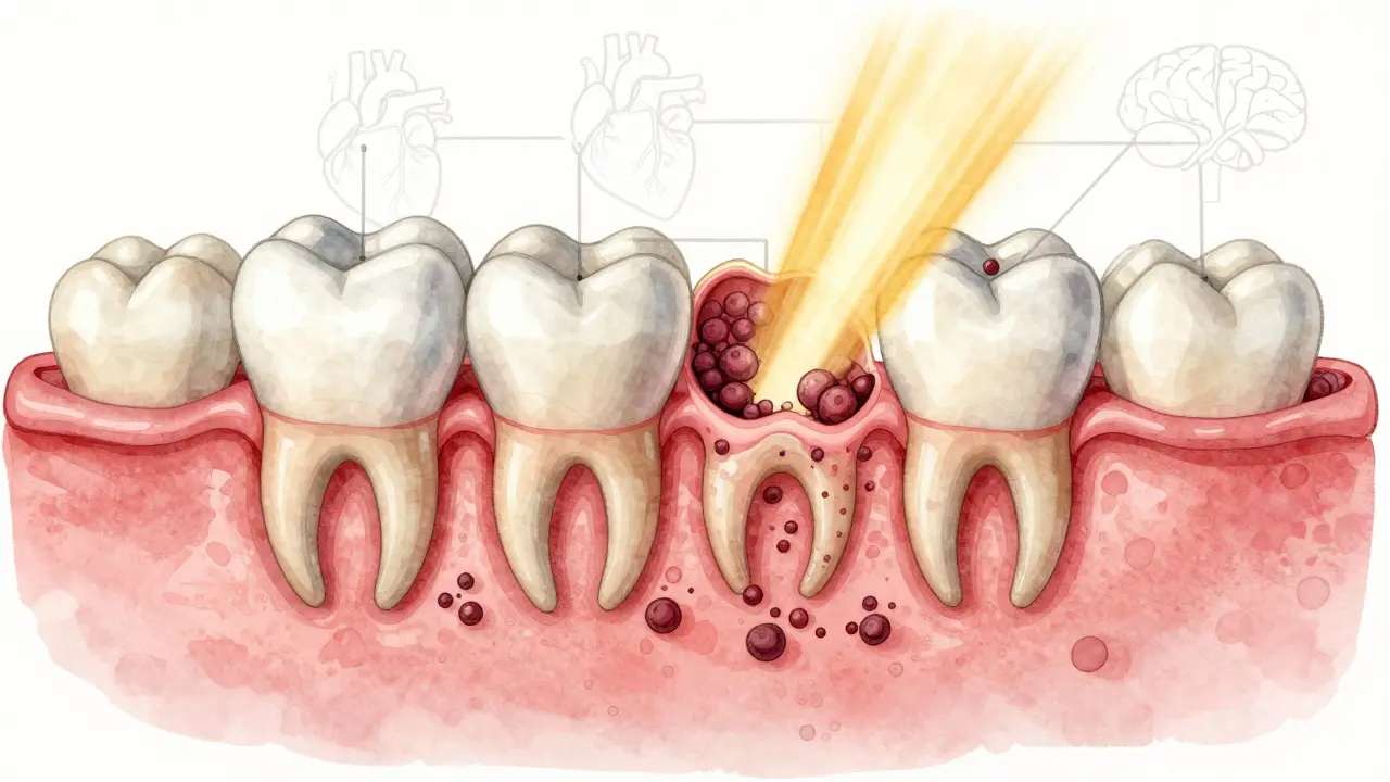 Průřez zubu a dásně s kalcifikovaným plakem a bakteriemi pod dásní, označující parodontitidu.