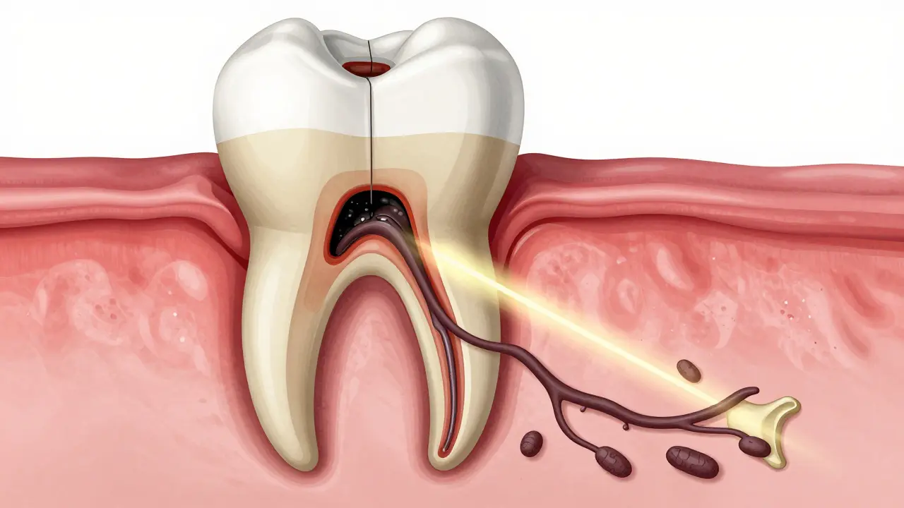 Průřez zubu s černou mrtvou pultou a šířícími se bakteriemi do čelisti.