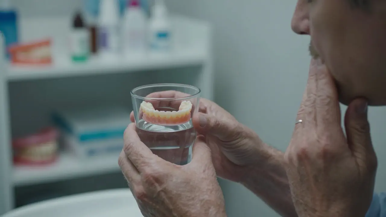 Ruce ukládají protézu do vody, druhá ruka se dotýká tváře s příznaky ztráty kosti.