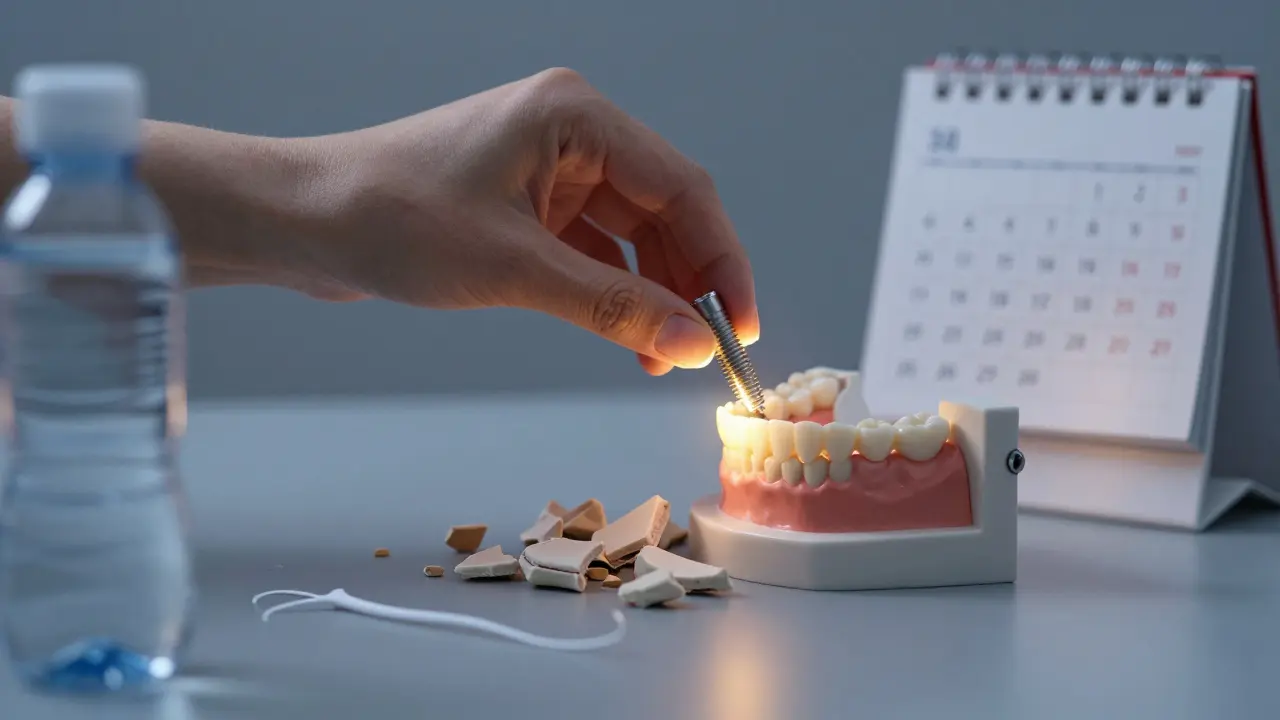 Ruka ukládá zubní implantát do čelisti vedle rozpadající se kosti.