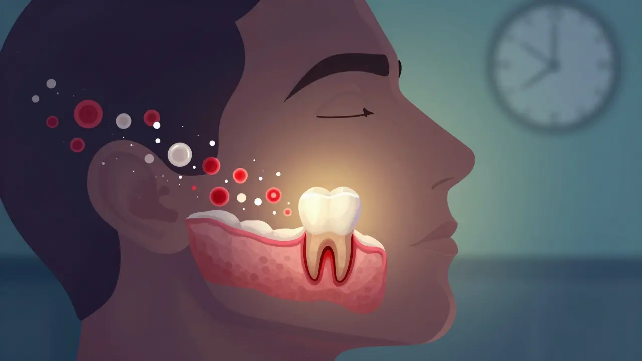 Stylizovaný náhled hojení po vytržení zubu: krevní a bílé krvinky se shromažďují v oblasti rány.