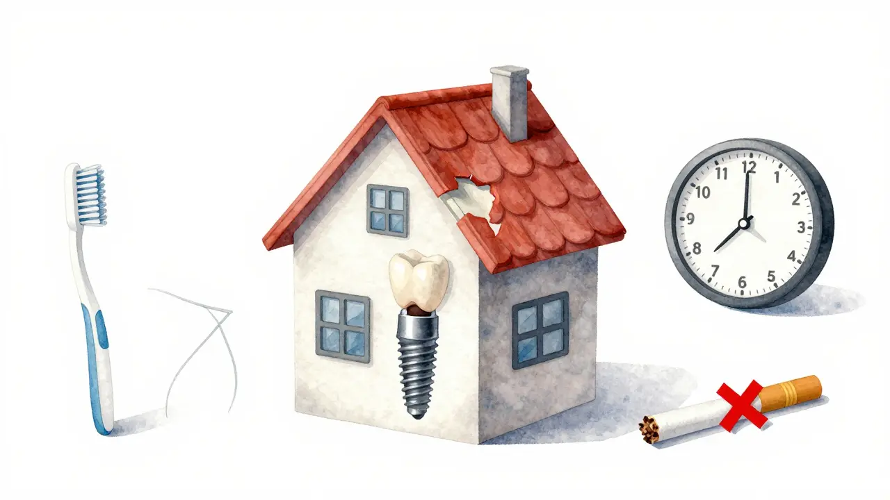 Symbolický obrázek domu s pevným základem a opotřebovanou střechou, znázorňující důležitost péče o implantát.