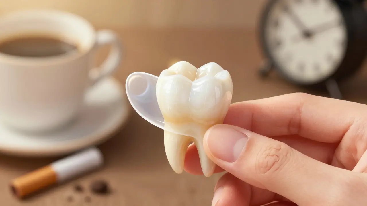 Tenká keramická fazeta přiložená k přirozenému zubu, světlo se láme stejně jako na skutečné emalové vrstvě.