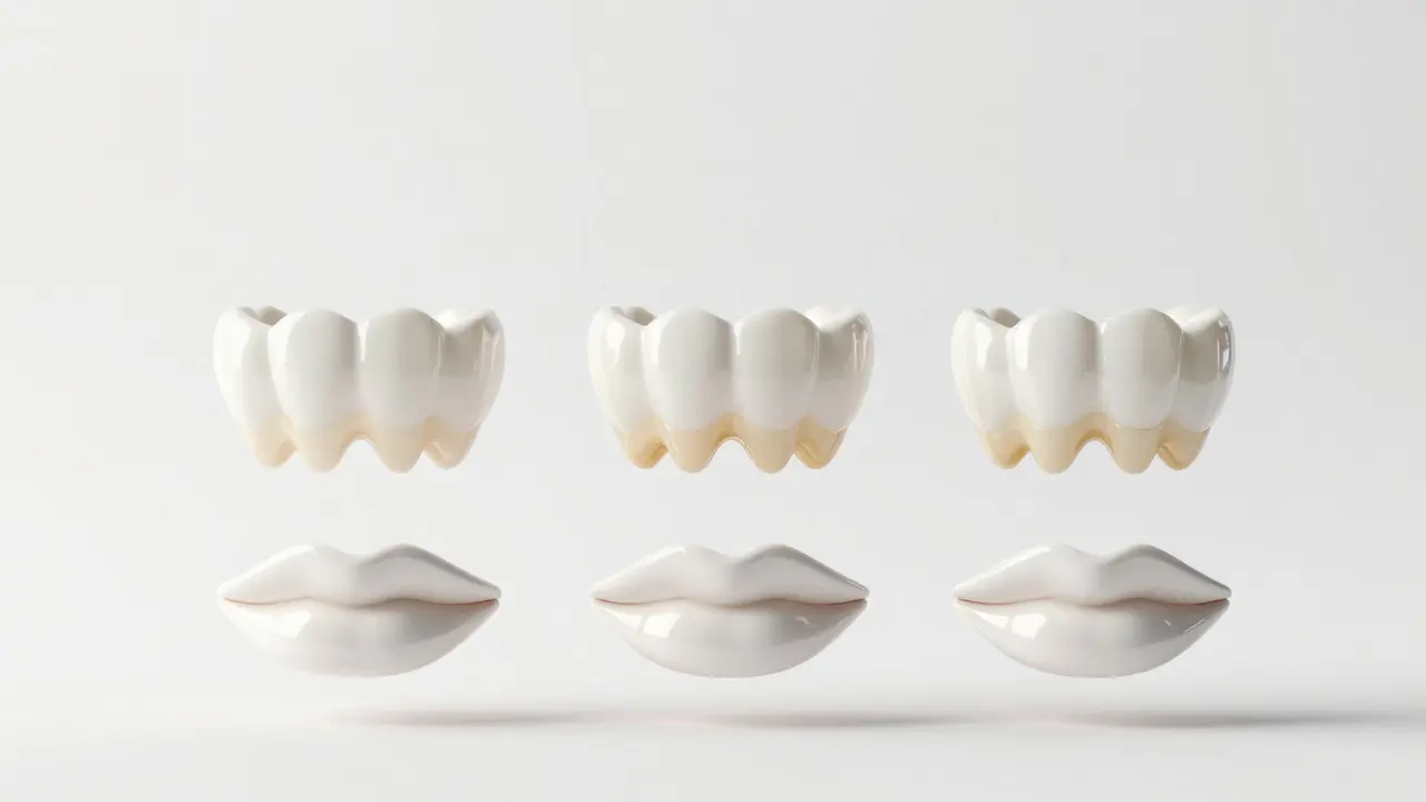 Tři průhledné keramické fasety visí nad rty, symbolizující moderní kosmetickou stomatologii.