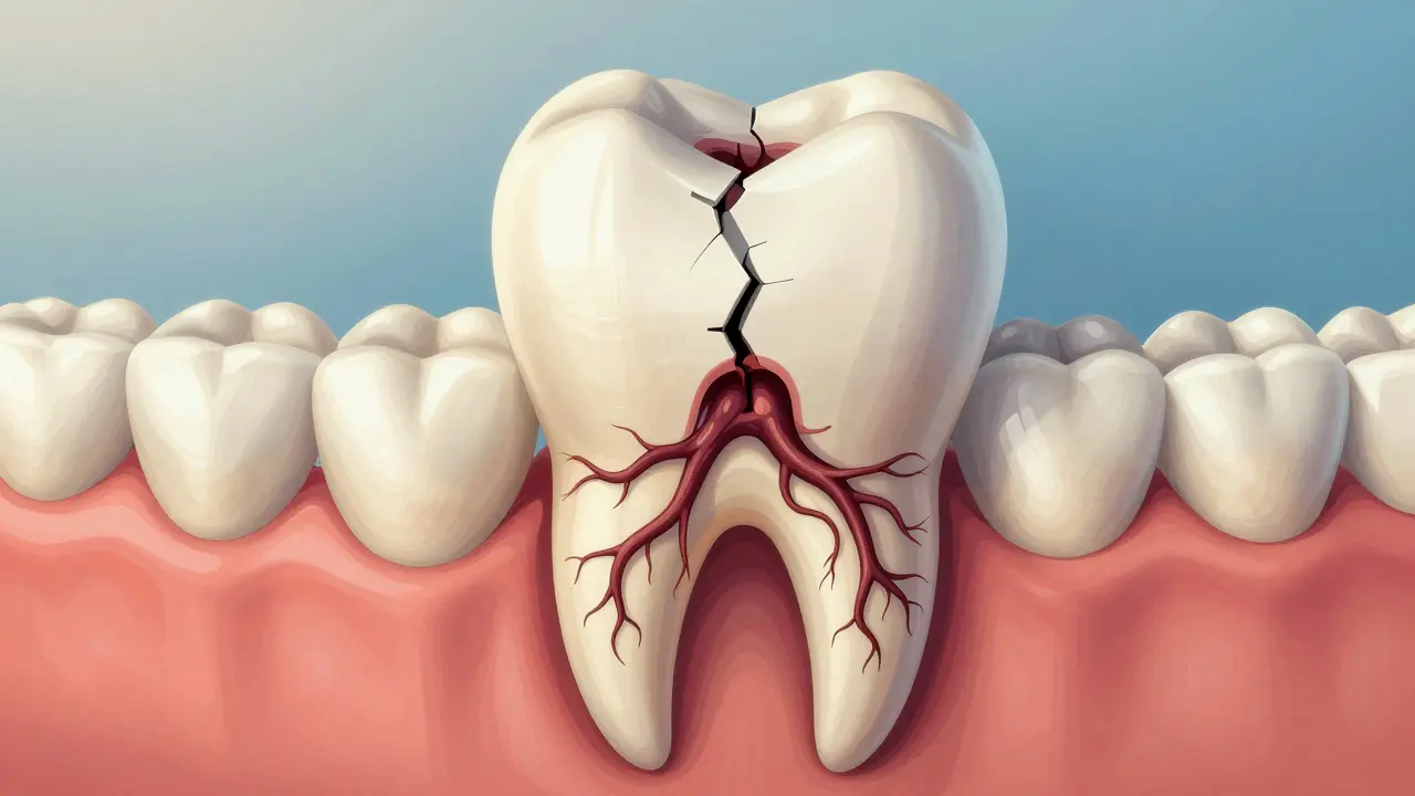 Vnitřní rozšíření infekce z křehkého zubu do čelistní kosti a sousedních zubů.
