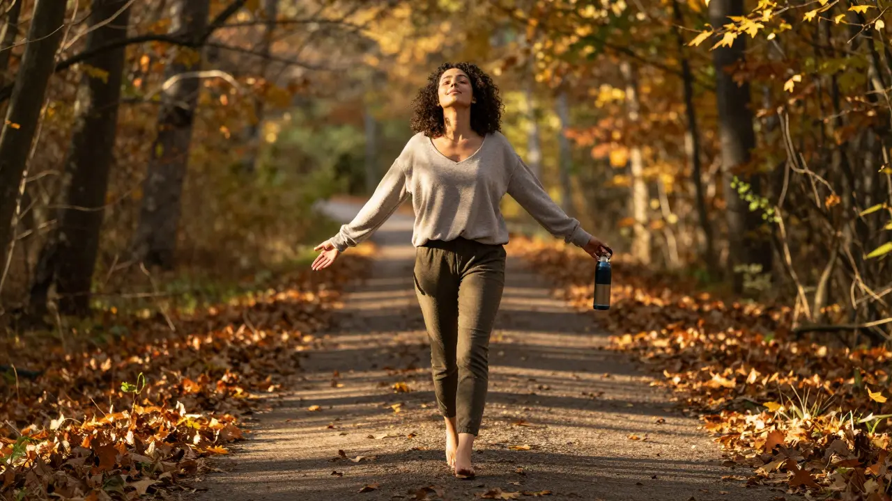 Žena chodí bosá lesní cestou při západu slunce, cítí klid a uvolnění.