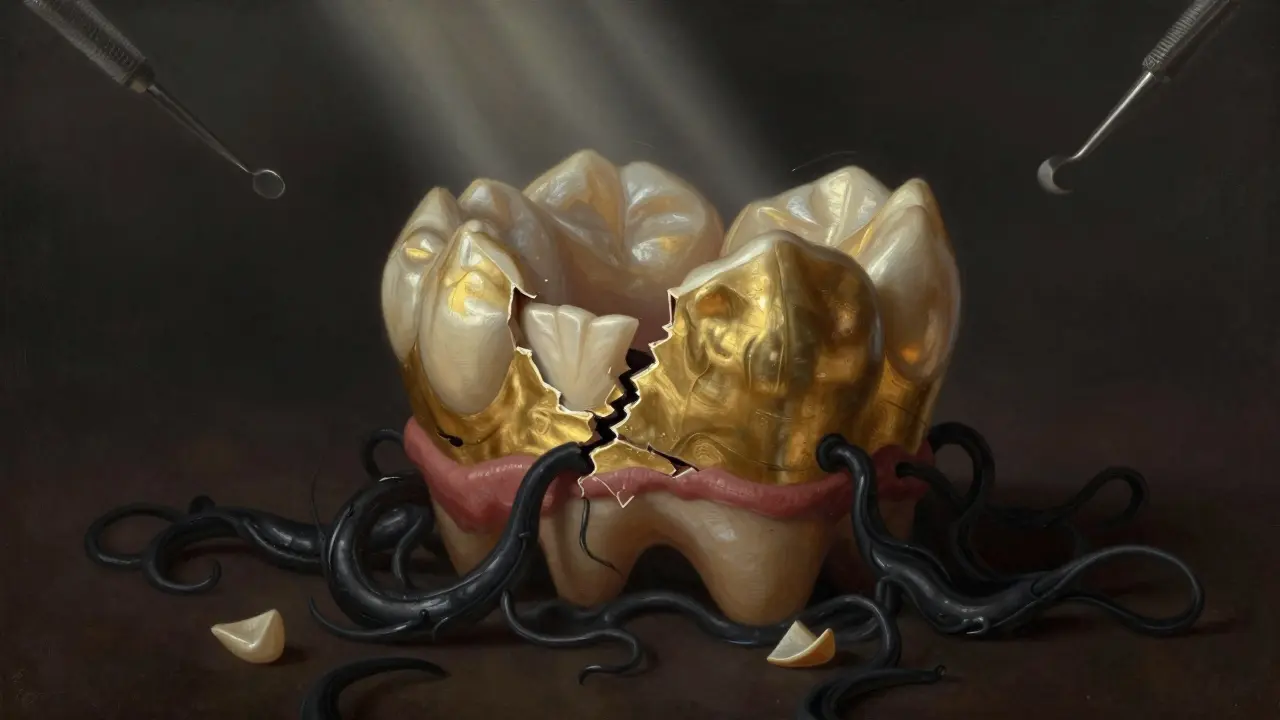 Zlatá korunka rozpadající se pod tlakem černého plaku.