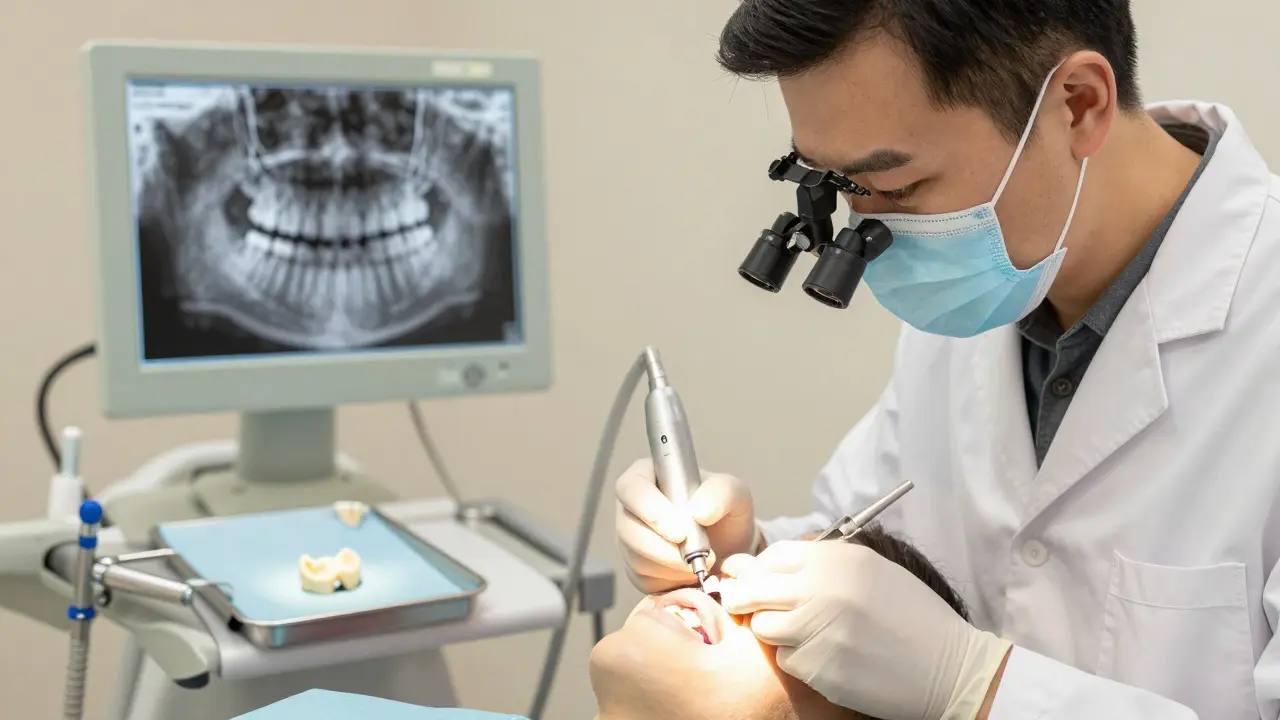 Zubař odstraňuje korunku pomocí ultrazvukového nástroje.