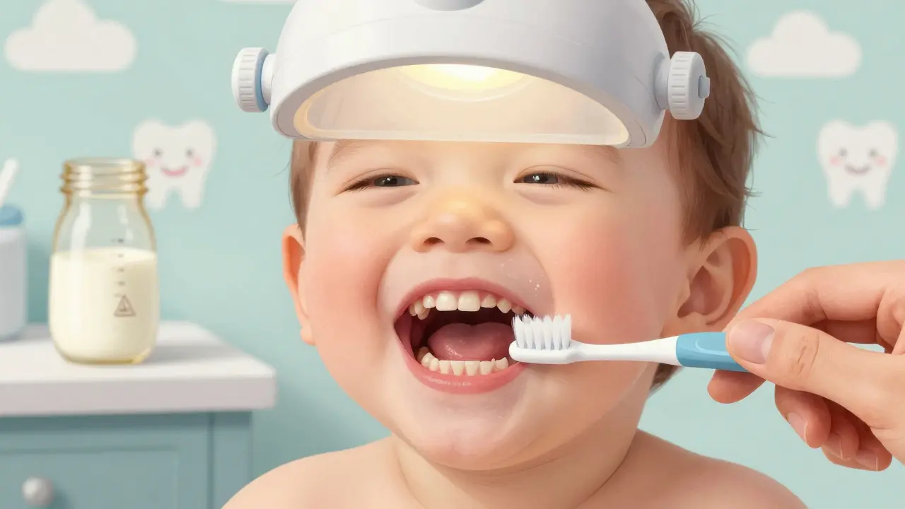 Blízký pohled na mléčné zuby dítěte s prvními příznaky kariózy a matčinou jemnou kartáčkou.