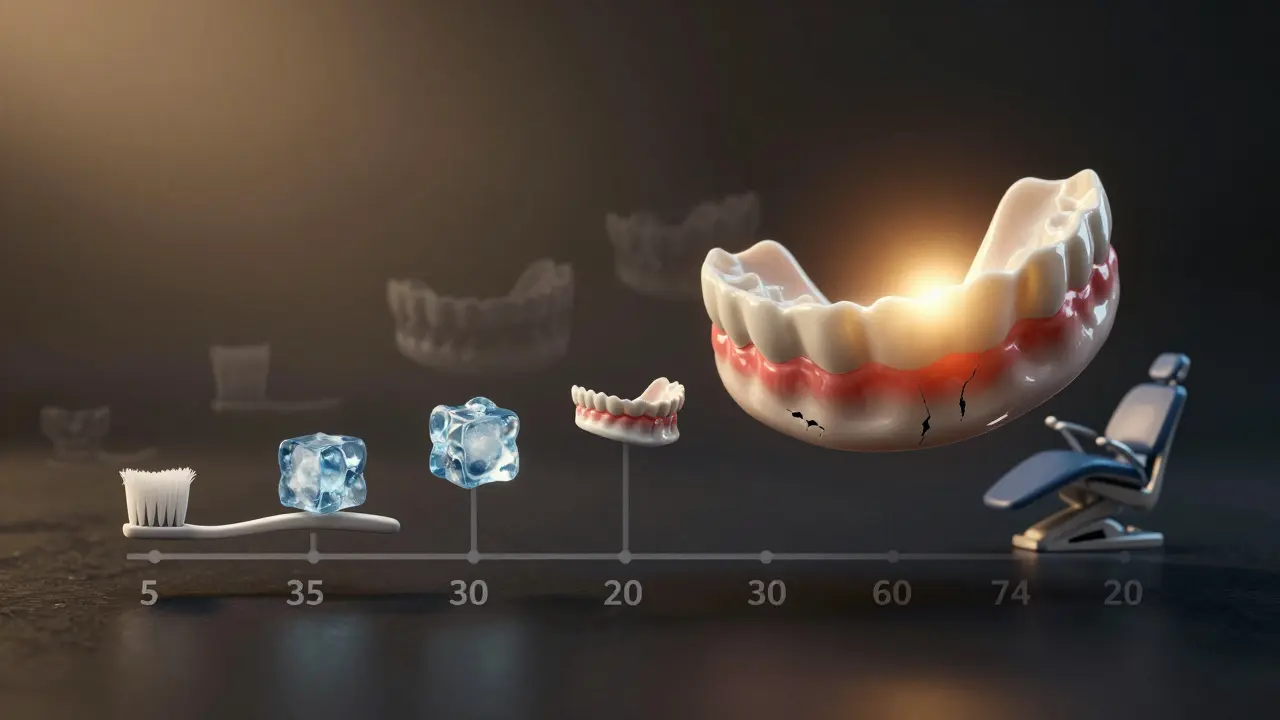 Ceramic onlay above timeline with icons showing factors affecting its lifespan